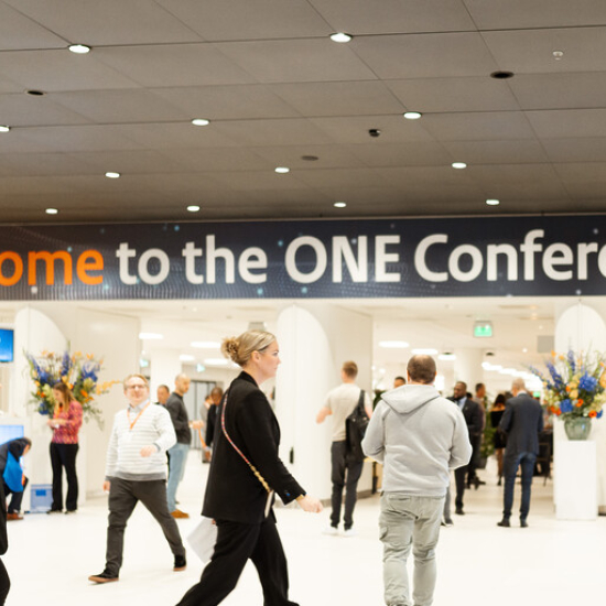 Visitors in a registration hall for the ONE Conference