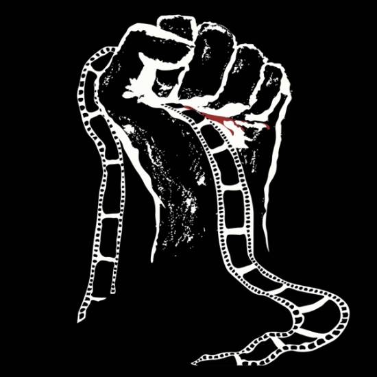 A raised fist with a filmstrip wrapping around it.