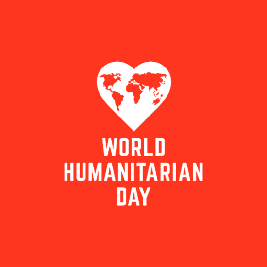 Logo of World Humanitarian Day with a heart and world map.
