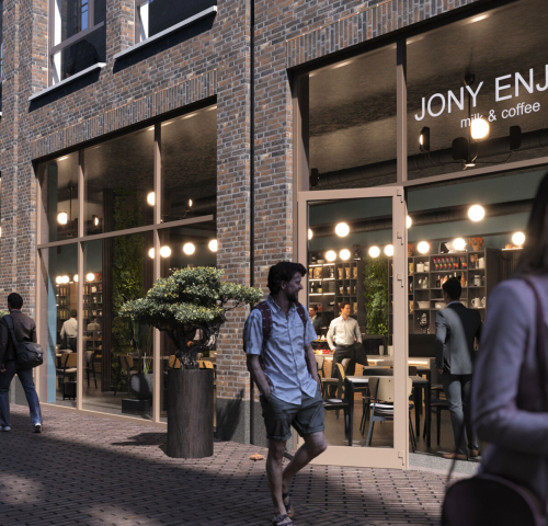 Busy street with people outside Jony Enjoy café. Spui university campus. Photo credit: CBRE Investment Management 