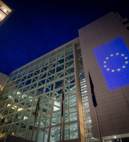 Town Hall The Hague with EU sign by night - Martijn Beekman fotography 8 May 2025.