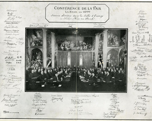 Official meeting of the First Hague Peace Conference in Huis Ten Bosch in 1899. Source: https://haagsgemeentearchief.nl/mediabank/beeldcollectie/detail/7de15233-7a3f-4a60-a1bf-96a41baed6f4/media/b0337803-71da-4d9a-813e-7a508a1d7733 Official meeting of the First Hague Peace Conference in Huis Ten Bosch in 1899. Source: https://haagsgemeentearchief.nl/mediabank/beeldcollectie/detail/7de15233-7a3f-4a60-a1bf-96a41baed6f4/media/b0337803-71da-4d9a-813e-7a508a1d7733