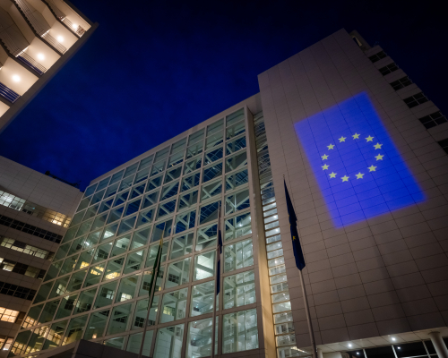 Town Hall The Hague with EU sign by night - Martijn Beekman fotography 8 May 2025. Town Hall The Hague with EU sign by night - Martijn Beekman fotography 8 May 2025.