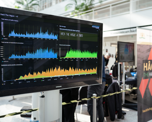 A monitor displays data visualizations from Hack The Hague.