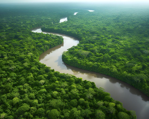 Aerial view of a winding river surrounded by dense green trees.