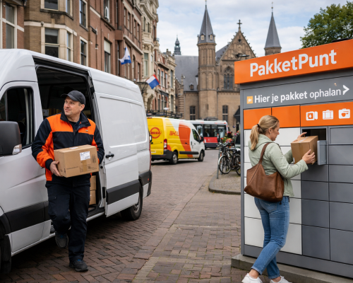 parcel delivery in The Hague versus parcel points. Picture created with the help of Ai