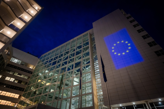 Town Hall The Hague with EU sign by night - Martijn Beekman fotography 8 May 2025. Town Hall The Hague with EU sign by night - Martijn Beekman fotography 8 May 2025.