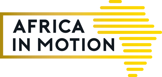 Logo featuring the text Africa in Motion in black and gold