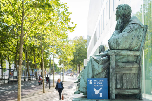 The Hague Supreme Court and a sign depicting SDG 16