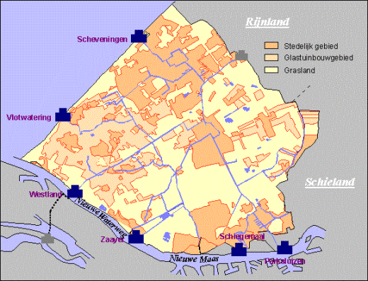 Map of greater The Hague area showing city sections and waterways of Hoogheemraadschap Delfland / waterboard Delfland responsible for the wastewater in The Hague
