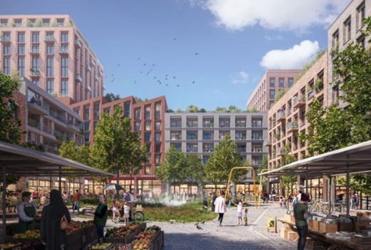 View of the redevelopment of the MegaStores from the future Laakhaven Centraal park.